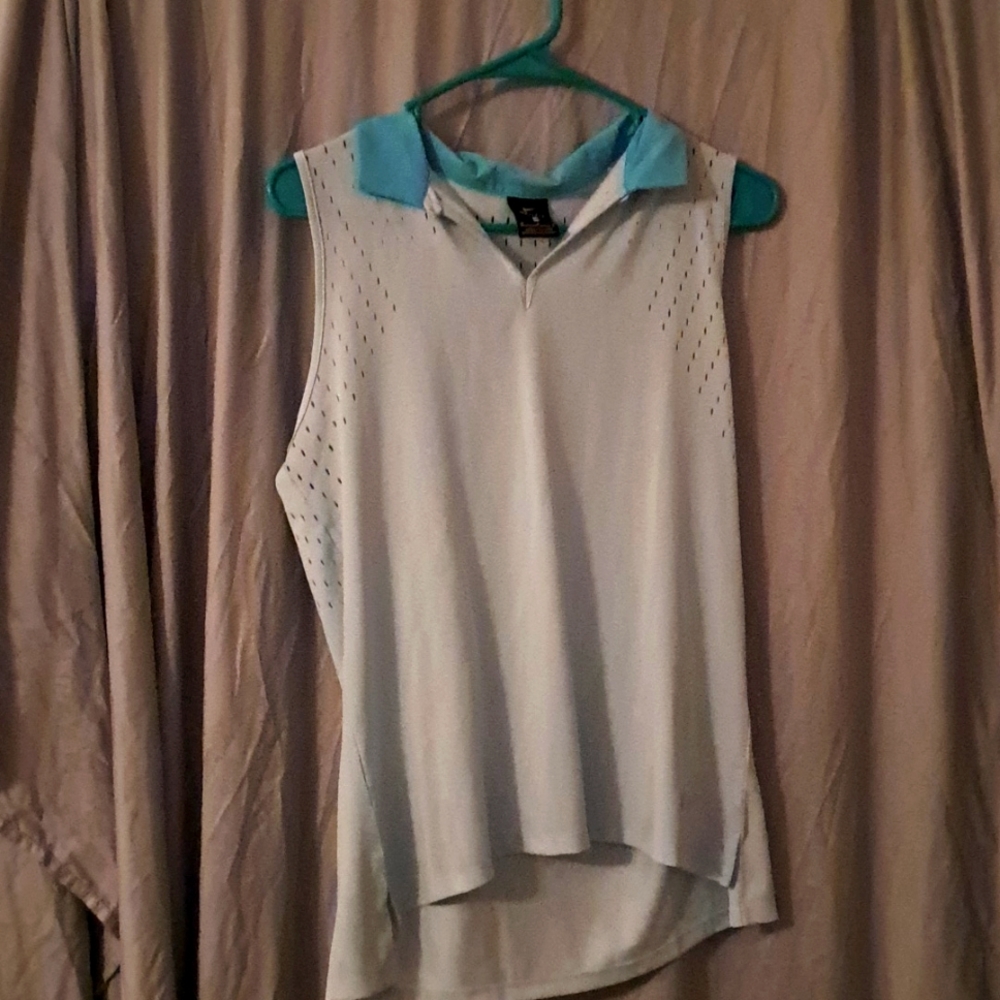 Sleeveless teal and light blue workout shirt